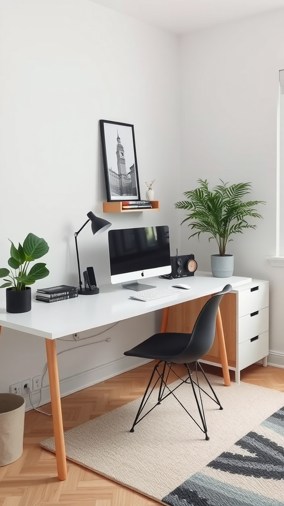 A minimalist home office with a desk, chair, and some plants.