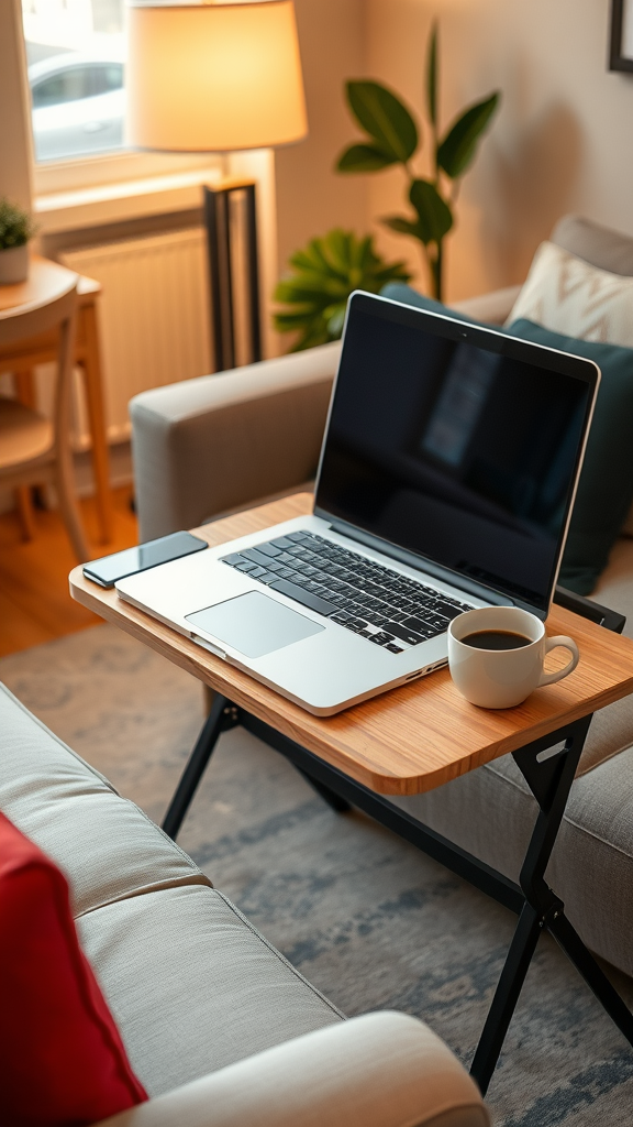 A laptop on a small table with a coffee cup beside it, showcasing a compact workspace.