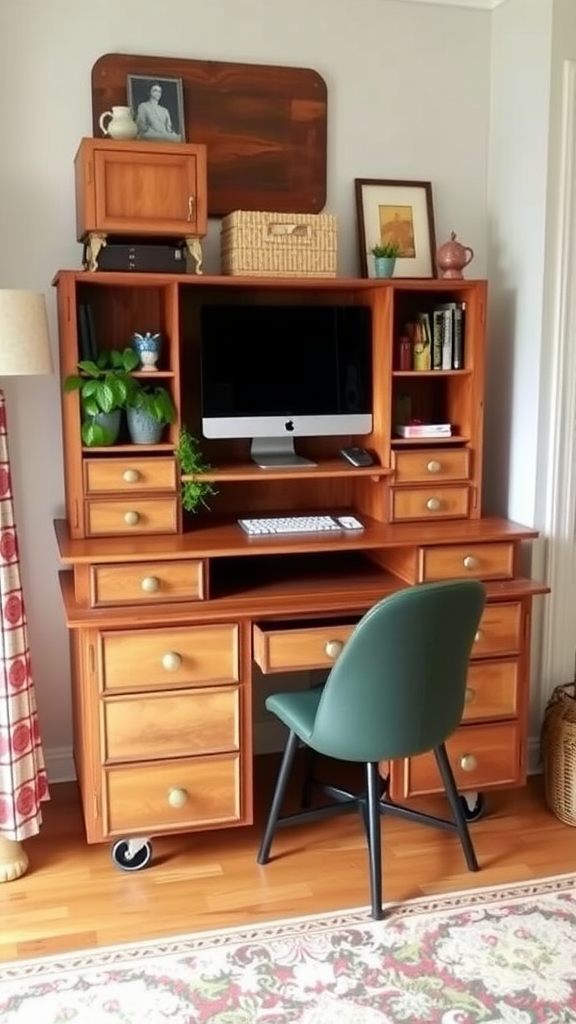 A cozy home office setup featuring a vintage dresser as a desk, an iMac, and a plant.