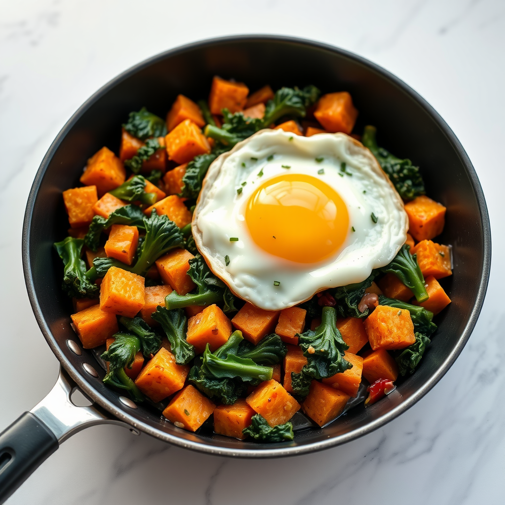 A skillet filled with a colorful sweet potato and kale hash topped with a sunny-side-up egg.