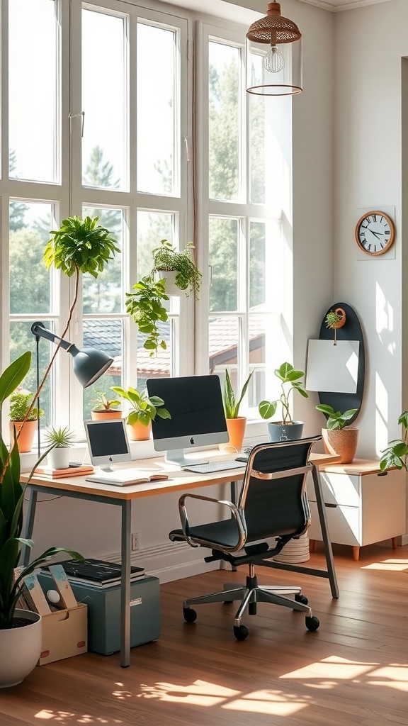 Bright home office with large windows, plants, and a modern desk setup.
