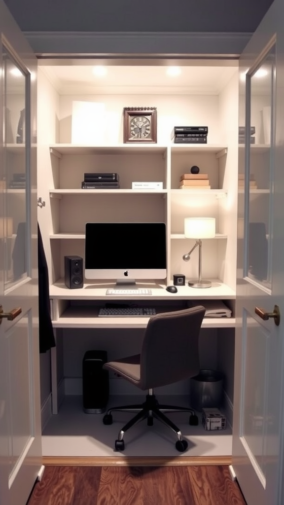 A small home office setup inside a closet with a desk, computer, and shelves.