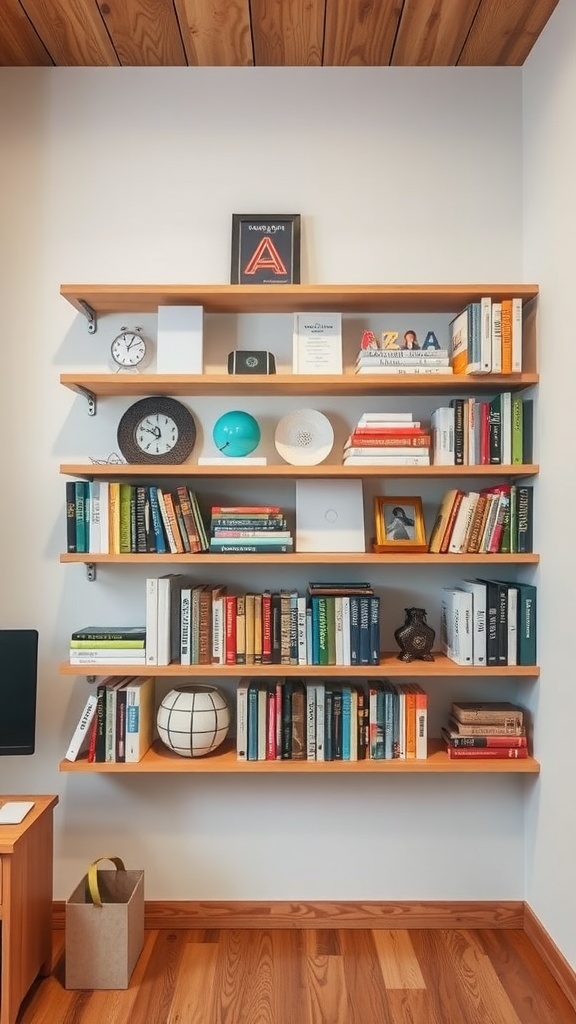 A wall-mounted shelf displaying books, a clock, and decorative items in a compact home office.