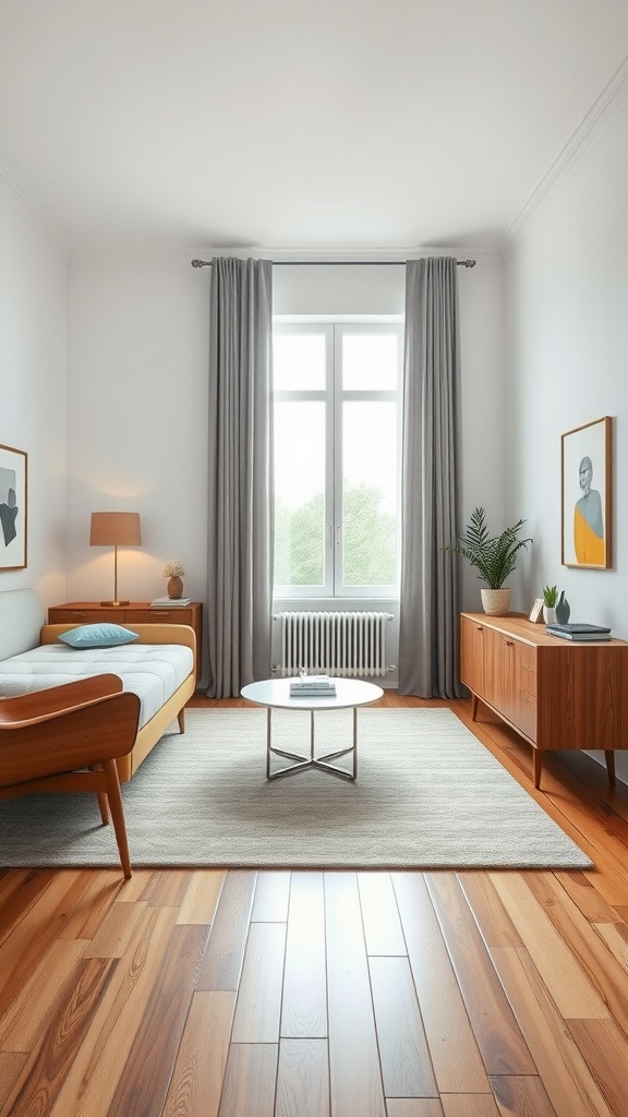 Cozy mid-century modern bedroom with a sofa, table, and wooden decor