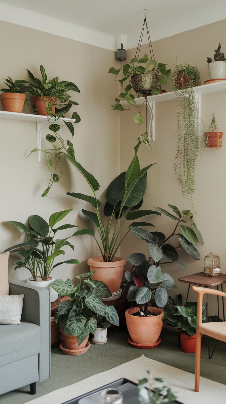 A cozy living room corner filled with various indoor plants in different pots, creating a lively and inviting atmosphere.