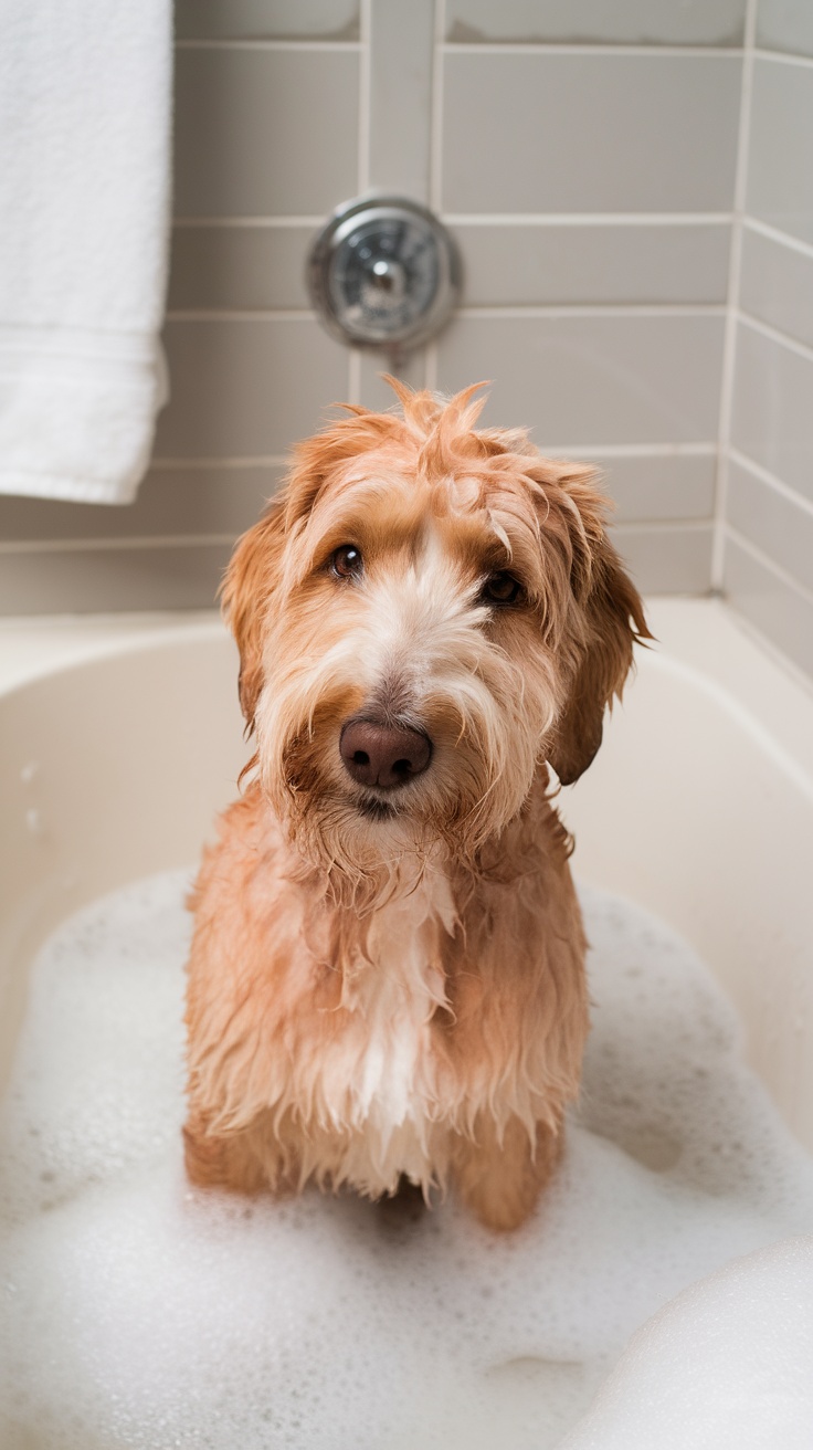 A Mini Goldendoodle sitting in a bathtub filled with bubbles, looking cute and fluffy.