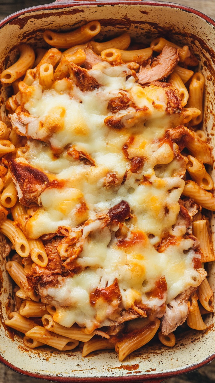 A delicious BBQ chicken pasta bake topped with melted cheese, served in a baking dish.