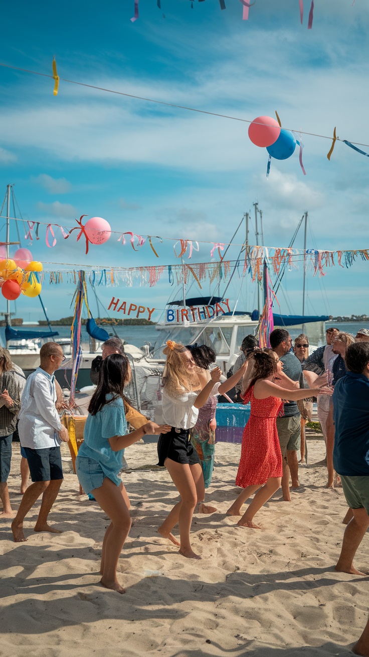 People dancing at a beach party with colorful decorations and boats in the background
