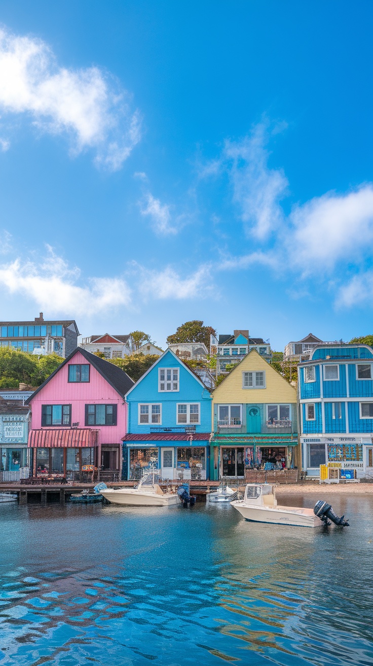 Colorful beachside houses by the water with boats moored in front.