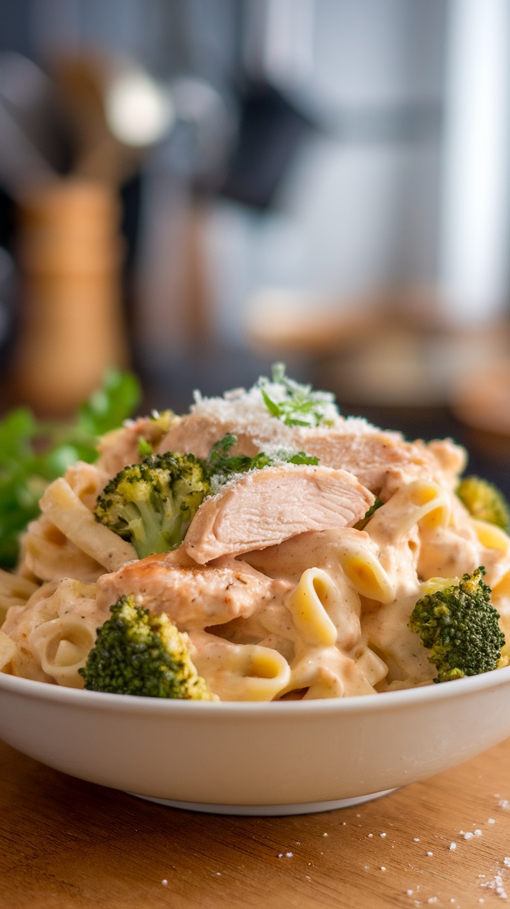 A bowl of Chicken Alfredo pasta with broccoli, topped with sliced chicken and Parmesan cheese.