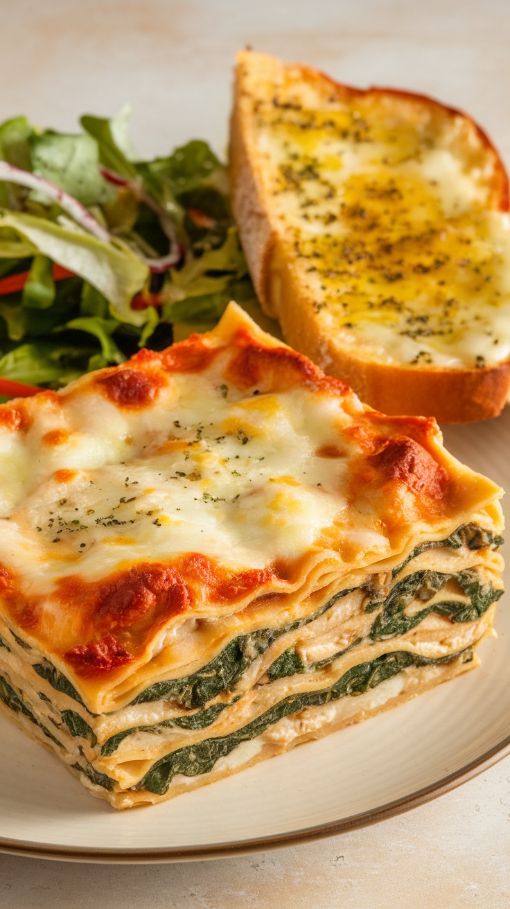 A slice of Chicken and Spinach Lasagna served with garlic bread and a side salad.