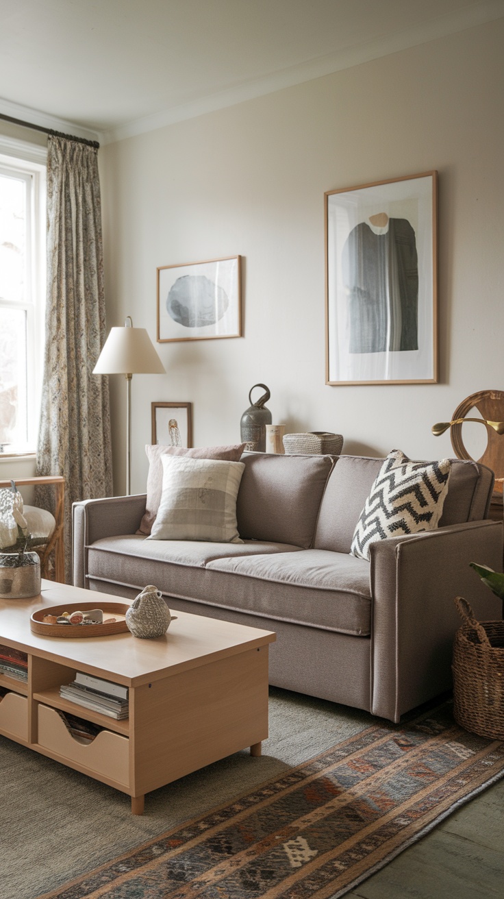 A cozy living room featuring a multi-functional sofa and coffee table with storage.