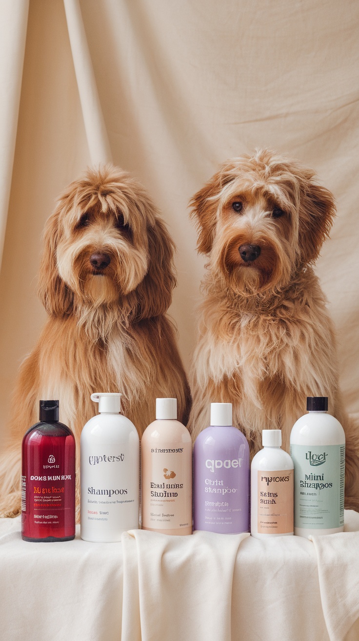 An array of dog shampoos displayed with two Mini Goldendoodles in the background.