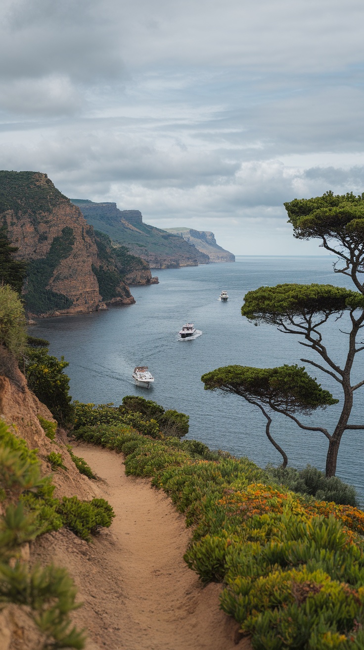 A scenic coastal trail overlooking boats in a calm bay surrounded by cliffs and greenery.