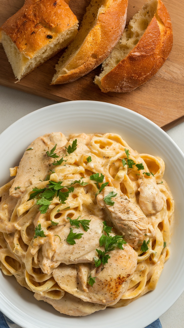 A bowl of creamy garlic chicken pasta topped with parsley, served with slices of crusty bread on a wooden board.