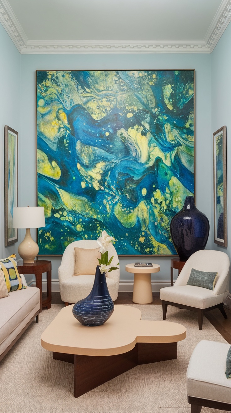 A stylish small living room with a large, colorful abstract painting as the focal point.