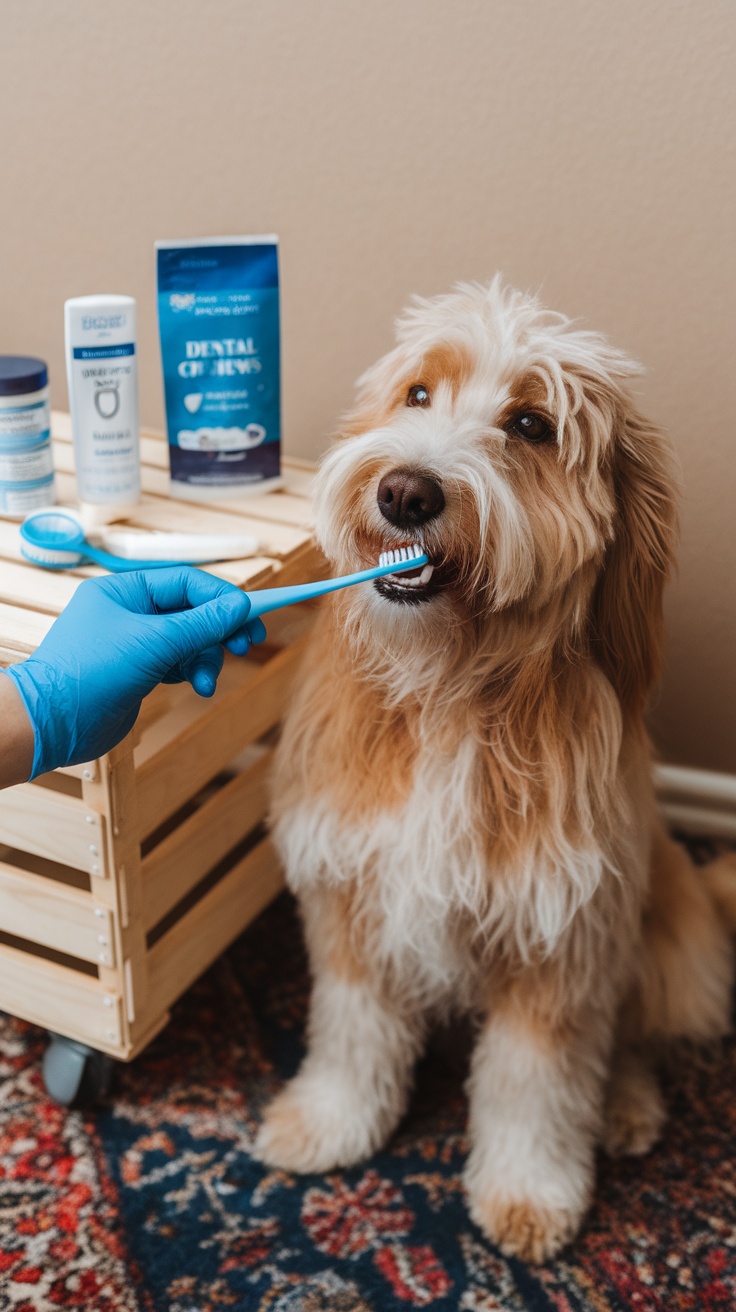 A Mini Goldendoodle getting its teeth brushed with a toothbrush and dental products nearby.