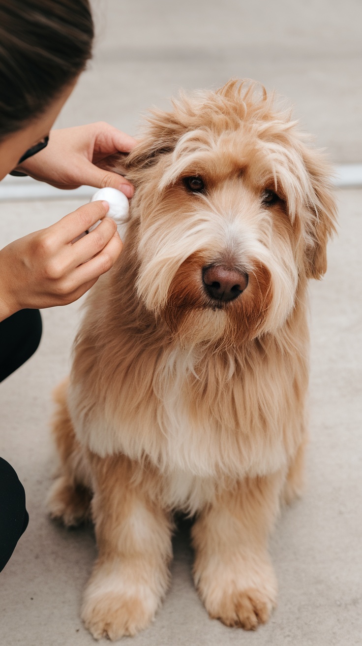 A person cleaning a Mini Goldendoodle's ear with a cotton ball, focusing on ear hygiene.
