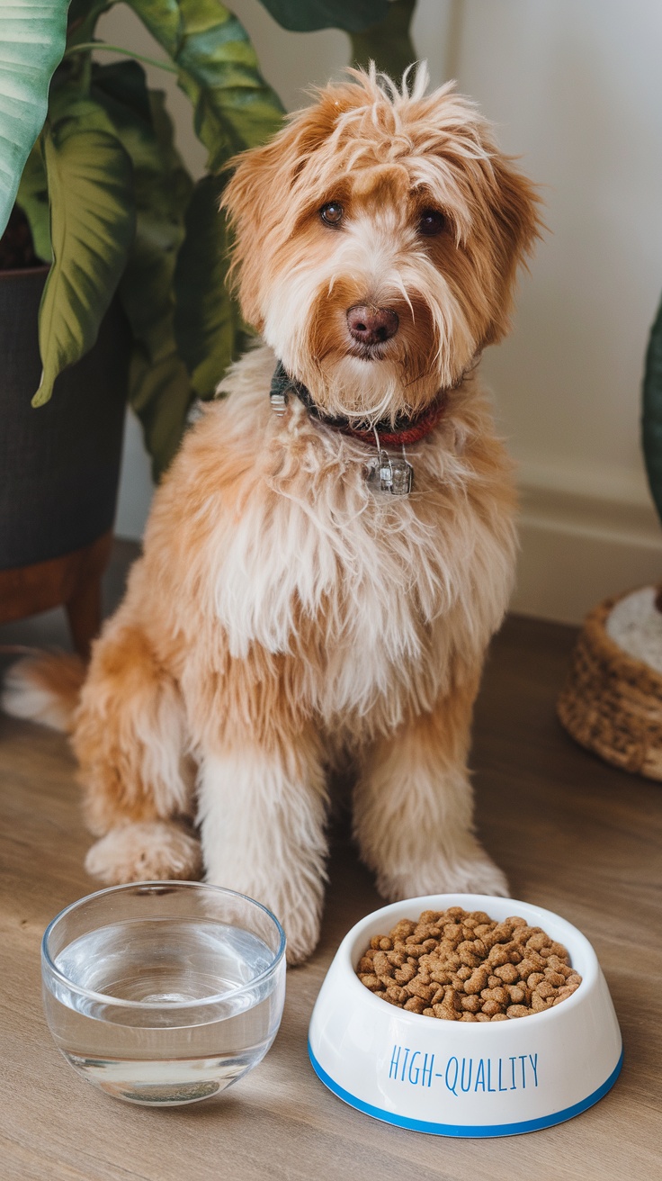 A Mini Goldendoodle sitting next to a bowl of high-quality dog food and a bowl of water.