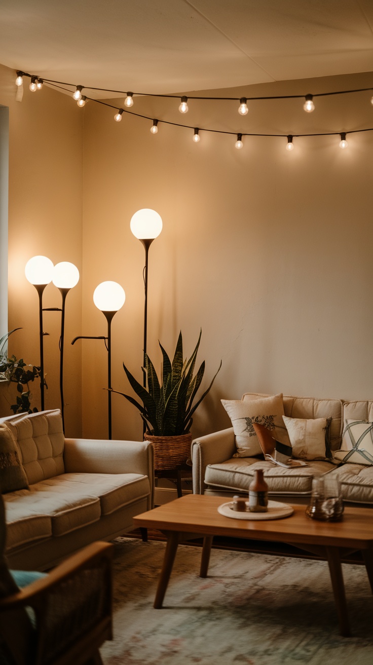 A cozy small living room with layered lighting, featuring a leather sofa, fairy lights, and decorative lamps.