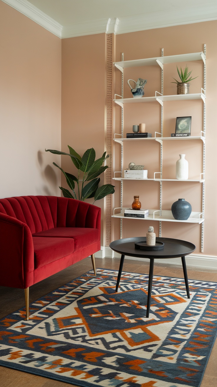 A cozy living room featuring a red sofa, a decorative area rug, and a modern shelving unit.