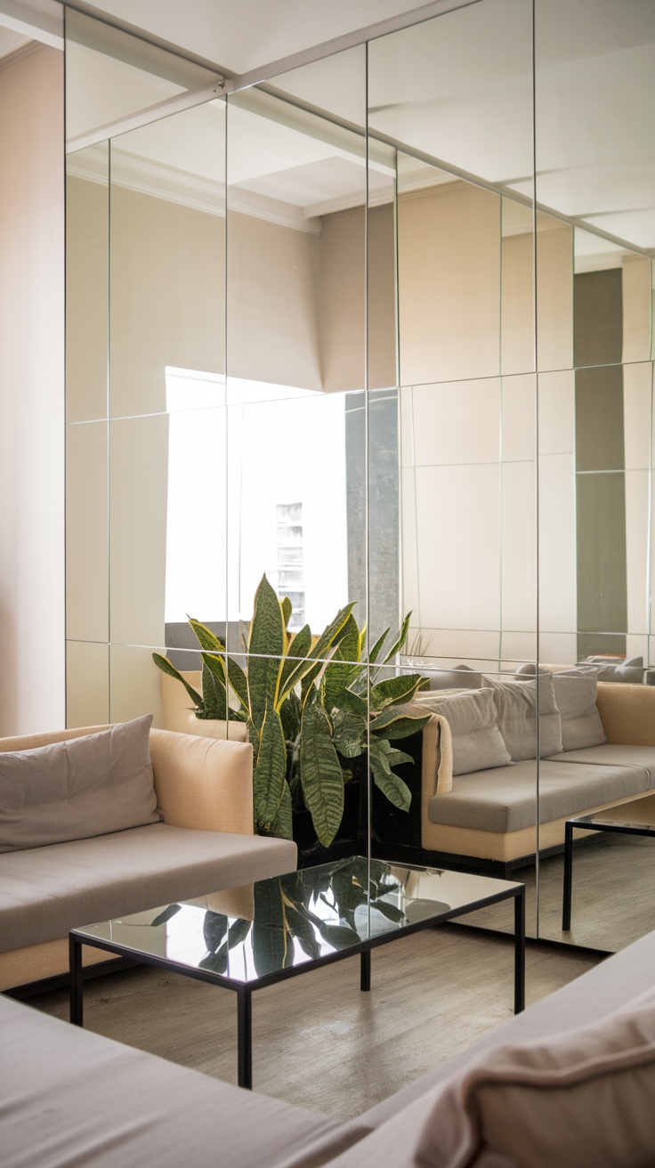 A modern living room with a large mirror reflecting light and a plant, enhancing the space