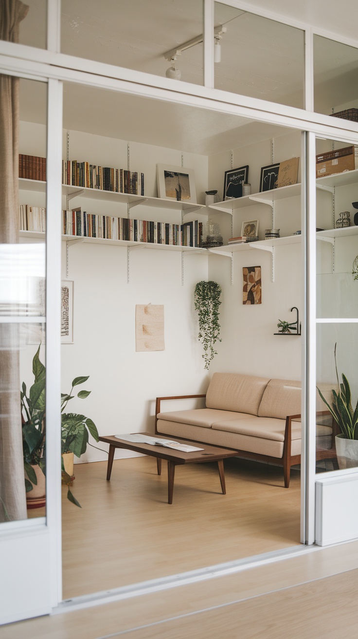 A small living room with a beige couch, a wooden coffee table, and shelves filled with books and decorative items.