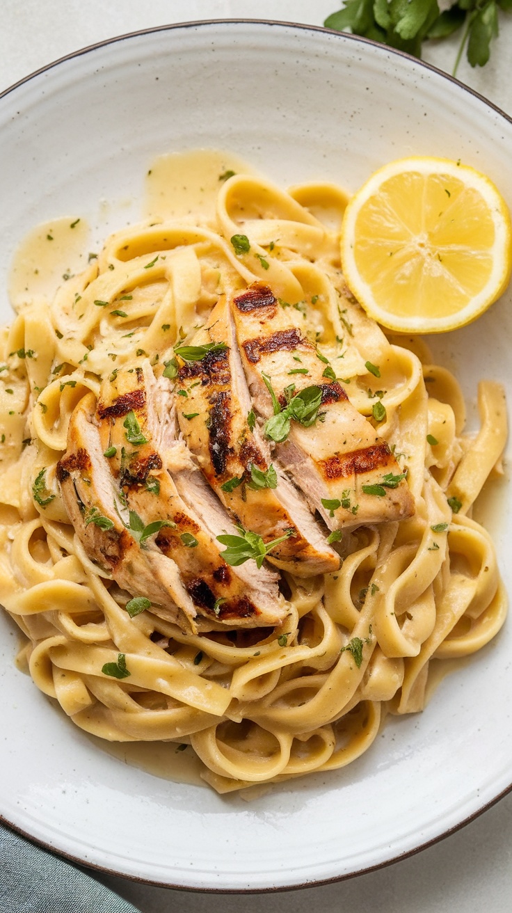 A plate of Lemon Herb Chicken Fettuccine with grilled chicken, creamy sauce, and a slice of lemon on the side.