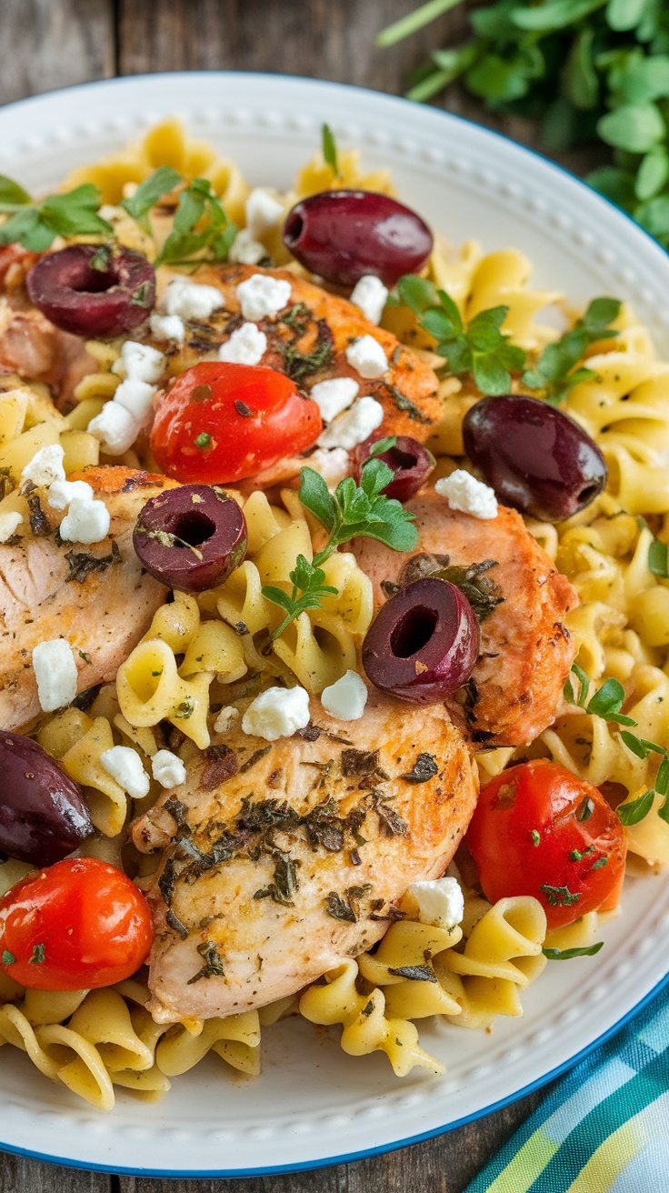 A plate of Mediterranean chicken pasta with chicken, olives, and tomatoes.