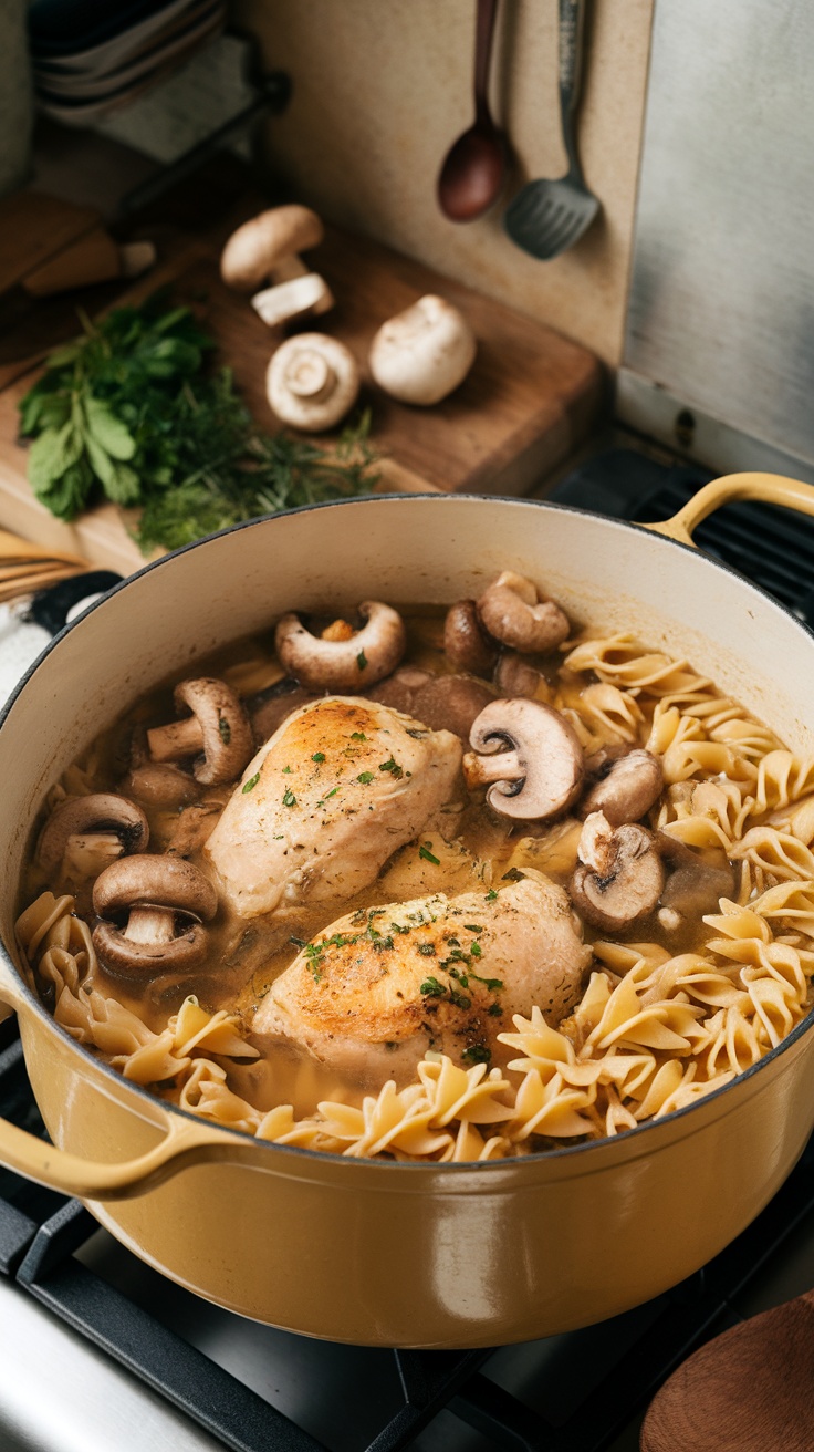 A pot of chicken mushroom pasta with golden chicken breasts and pasta surrounded by mushrooms and herbs.