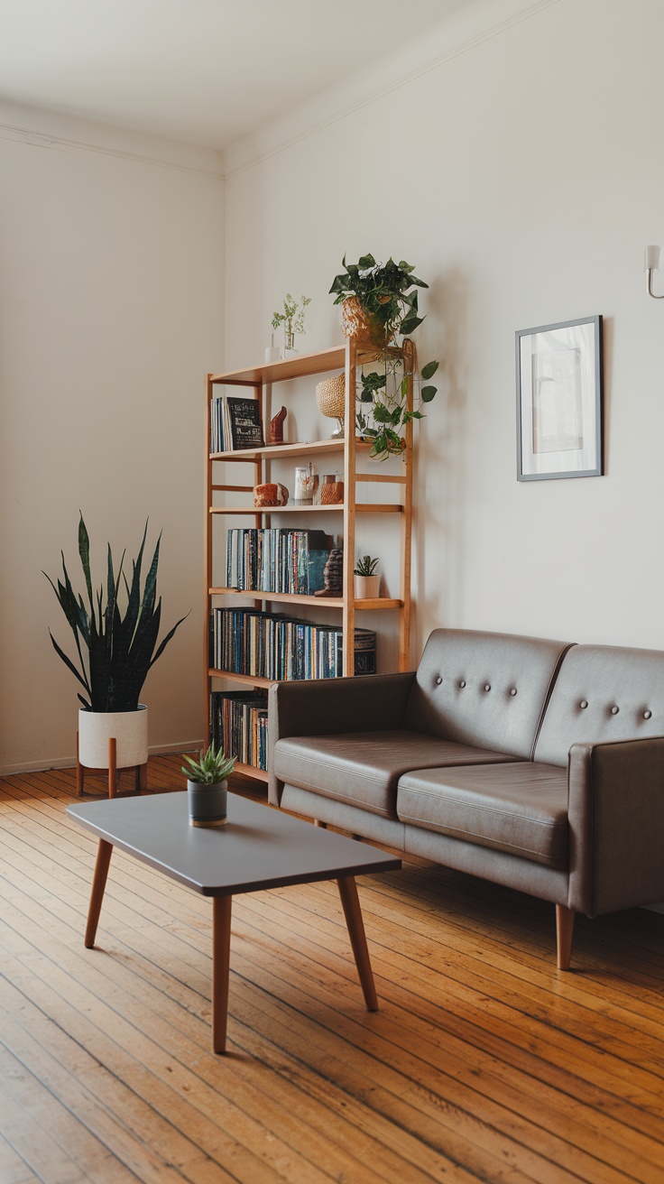 A small living room featuring a gray sofa, a coffee table, a tall bookshelf filled with books, and a couple of potted plants.