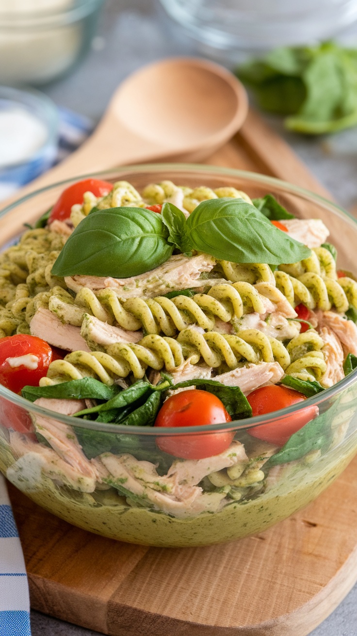 A bowl of Pesto Chicken Pasta Salad with spiral pasta, shredded chicken, tomatoes, and spinach garnished with fresh basil.