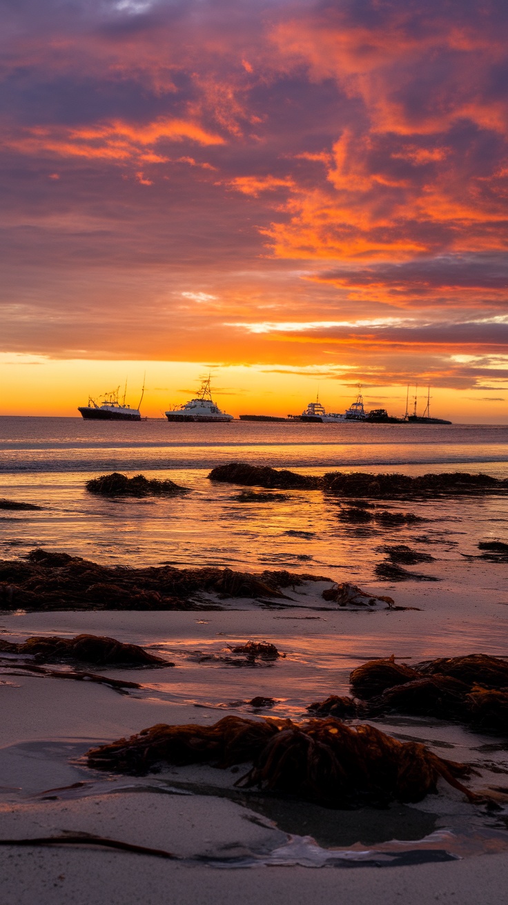 A serene sunset view over the water with boats in the background