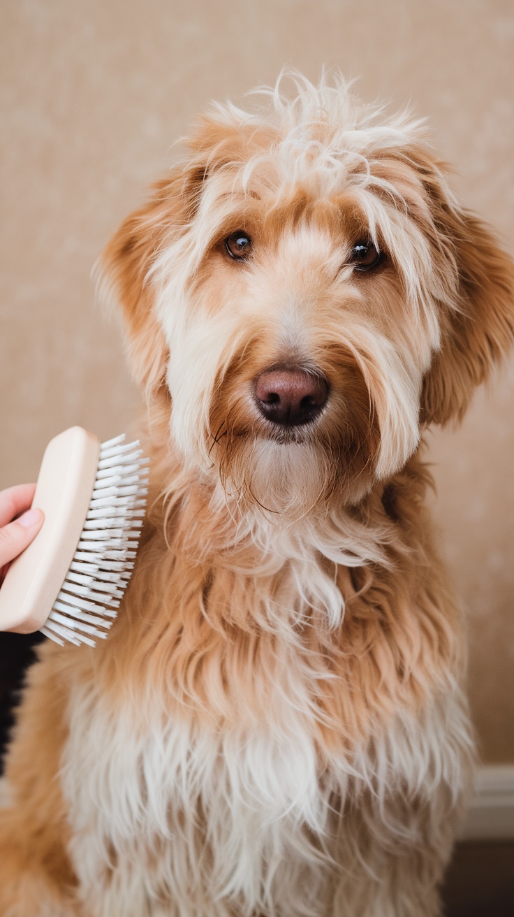 A mini Goldendoodle getting groomed with a comb.
