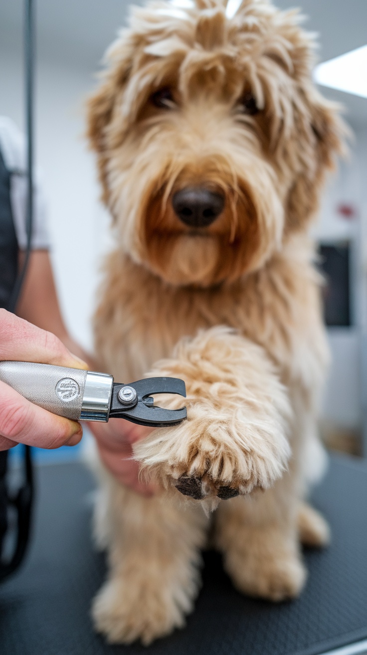 A Mini Goldendoodle having its nails clipped, surrounded by grooming tools.
