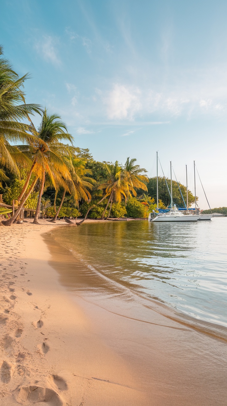 A serene beach with palm trees and a sailboat anchored in calm waters.