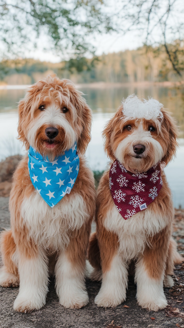 Two mini Goldendoodles wearing festive bandanas near a lake.