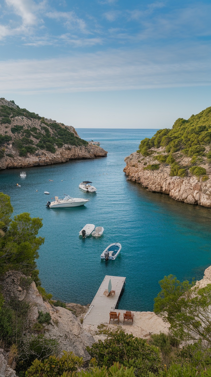 A tranquil cove with boats anchored, surrounded by rocky cliffs and greenery.