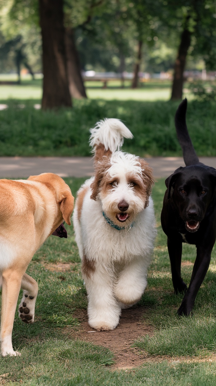 A Mini Goldendoodle walking happily in a park with two other dogs, showcasing friendly socialization.