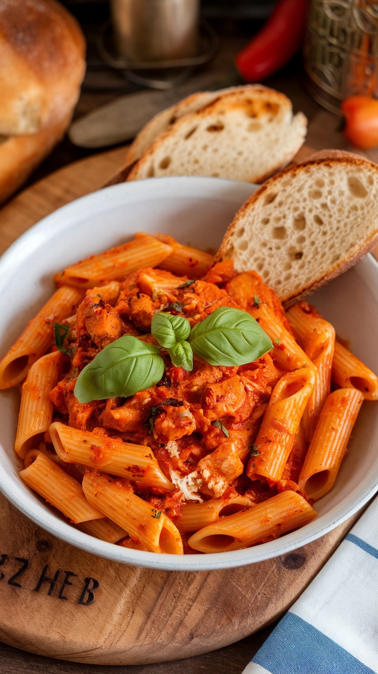 A bowl of spicy chicken penne arrabbiata pasta garnished with fresh basil and served with slices of bread.