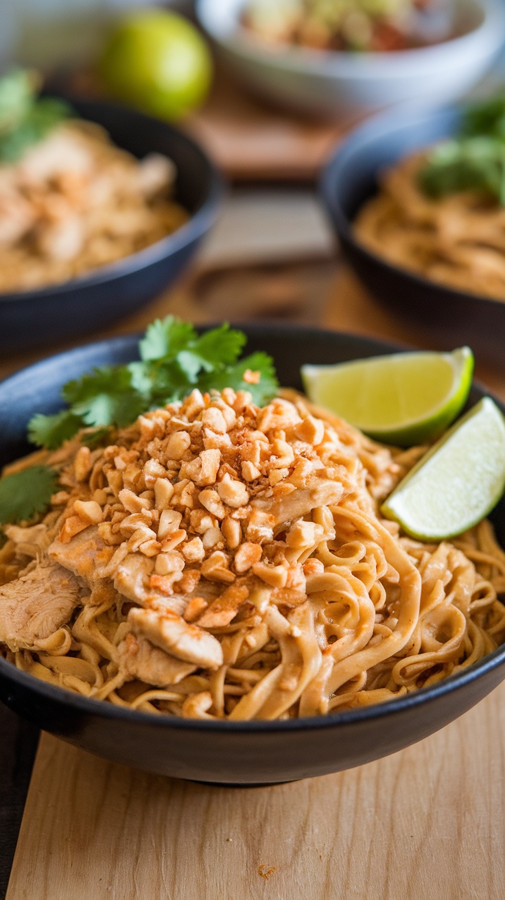 A bowl of Thai Chicken Peanut Noodles topped with crushed peanuts and lime wedges, garnished with cilantro.