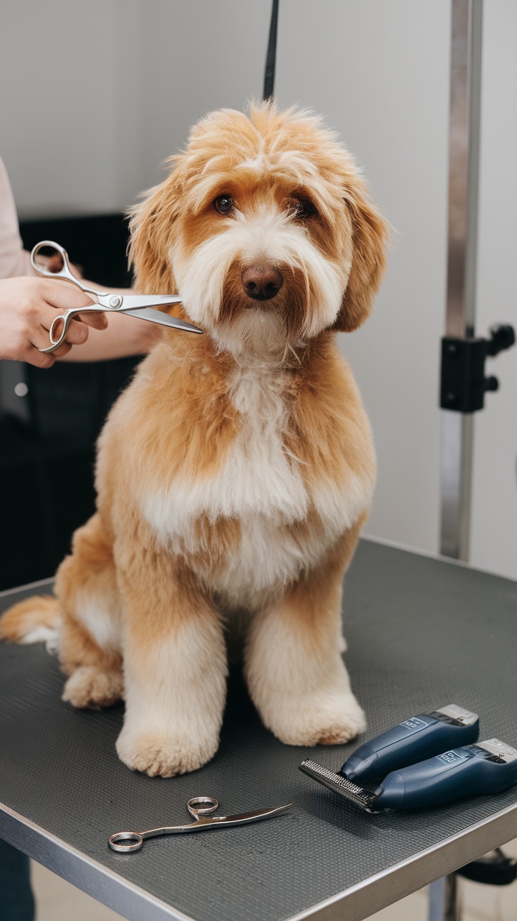 A groomer trimming a Mini Goldendoodle using scissors, with grooming tools visible on the table.