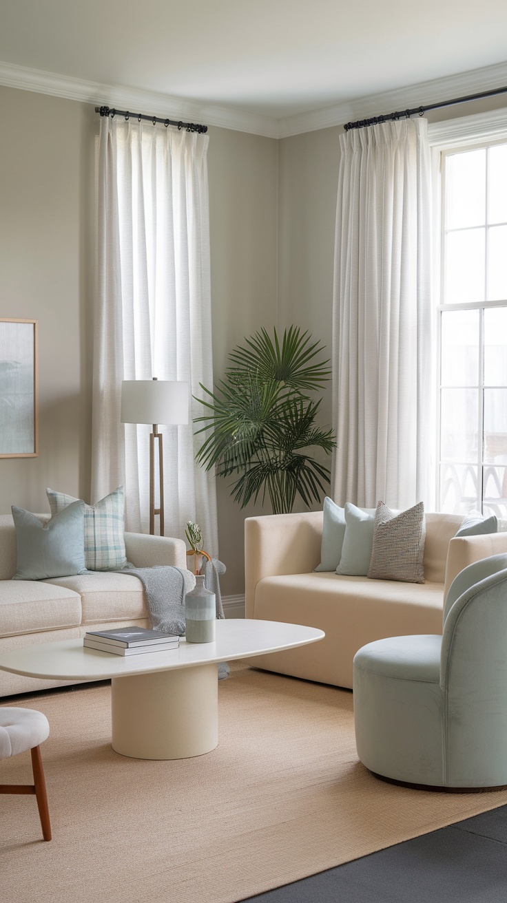 Cozy small living room with light beige walls, pale furniture, and plants.