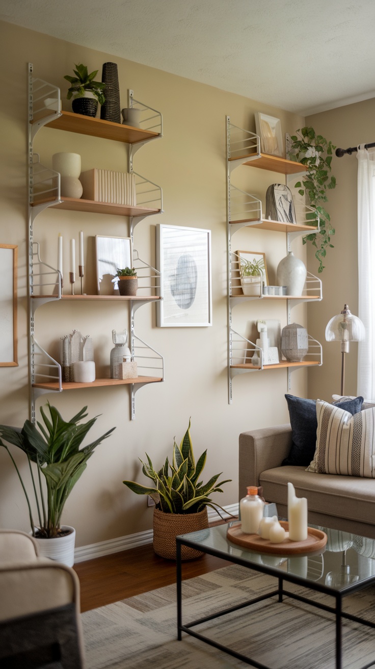 A small living room with vertical shelving, displaying various decorative items and plants.