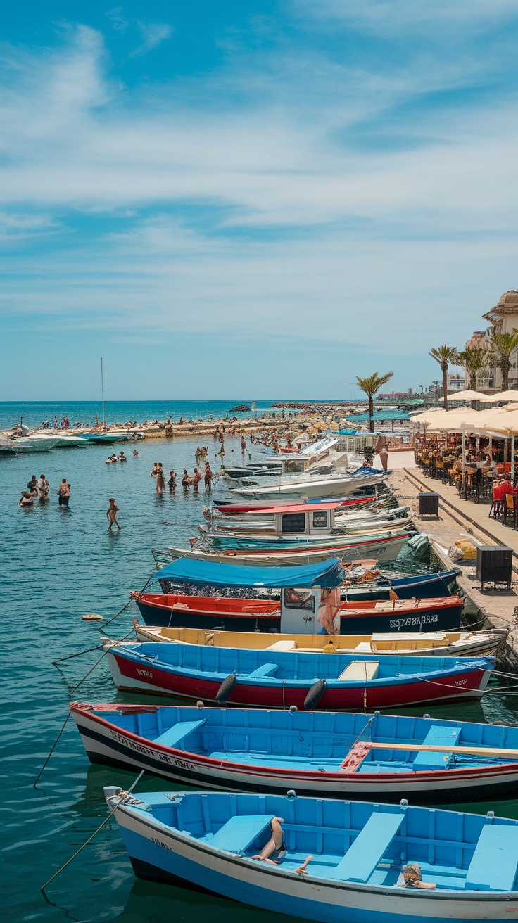 A vibrant beachfront marina with colorful boats, people swimming, and a lively atmosphere.