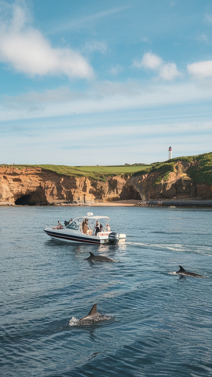A boat surrounded by dolphins near rocky cliffs and a lighthouse.