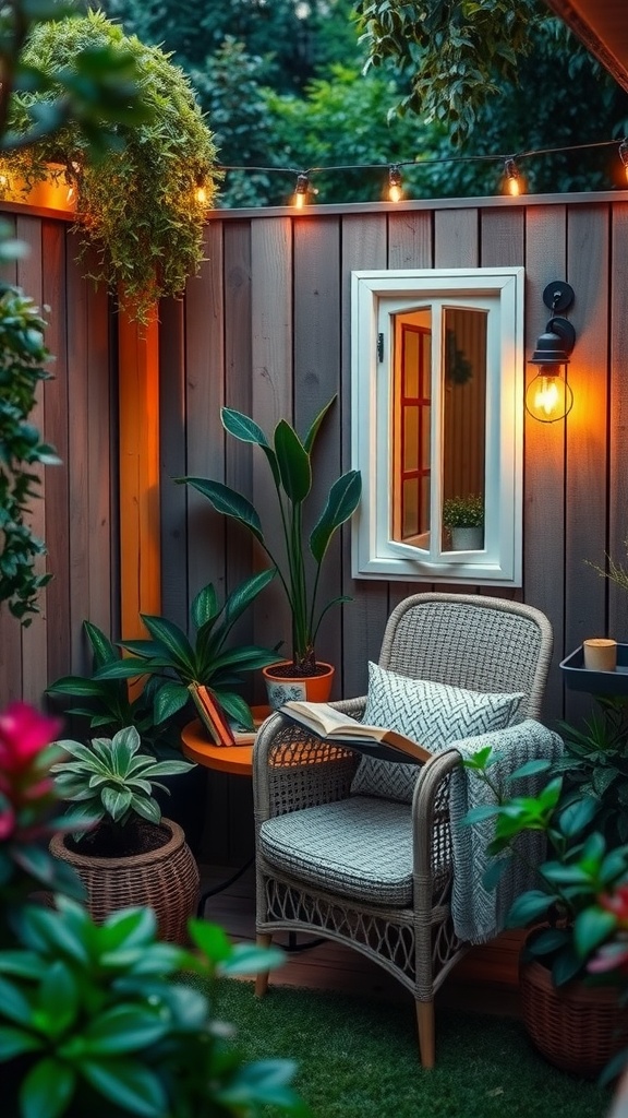 Cozy reading corner with a chair, plants, and warm lighting in a backyard.