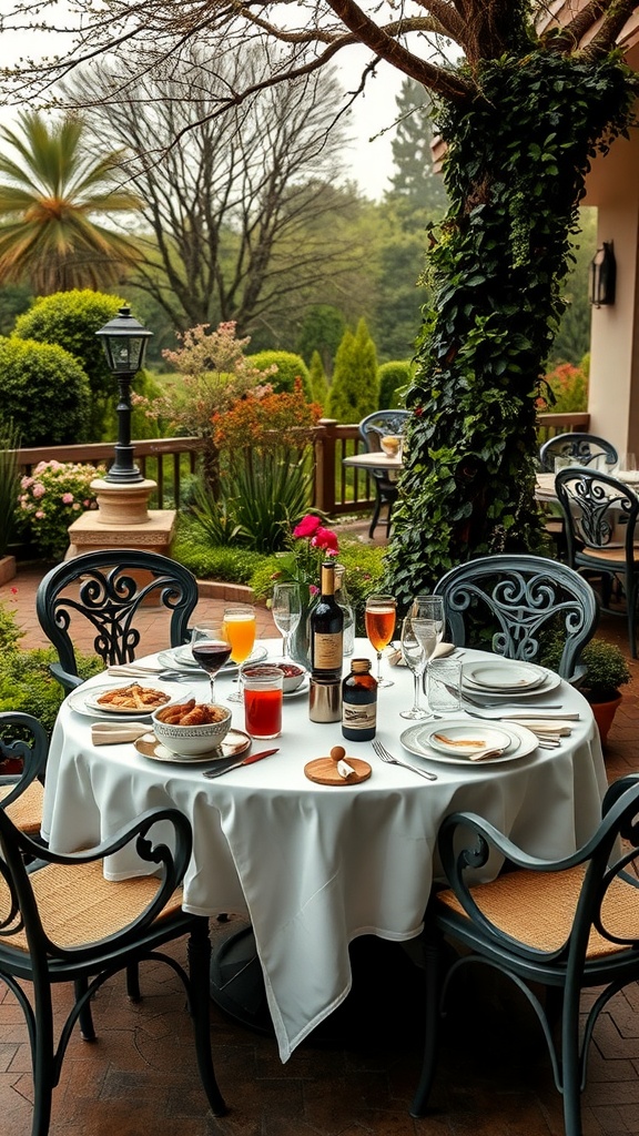 A cozy outdoor dining setup with a round table, chairs, and a backdrop of greenery.