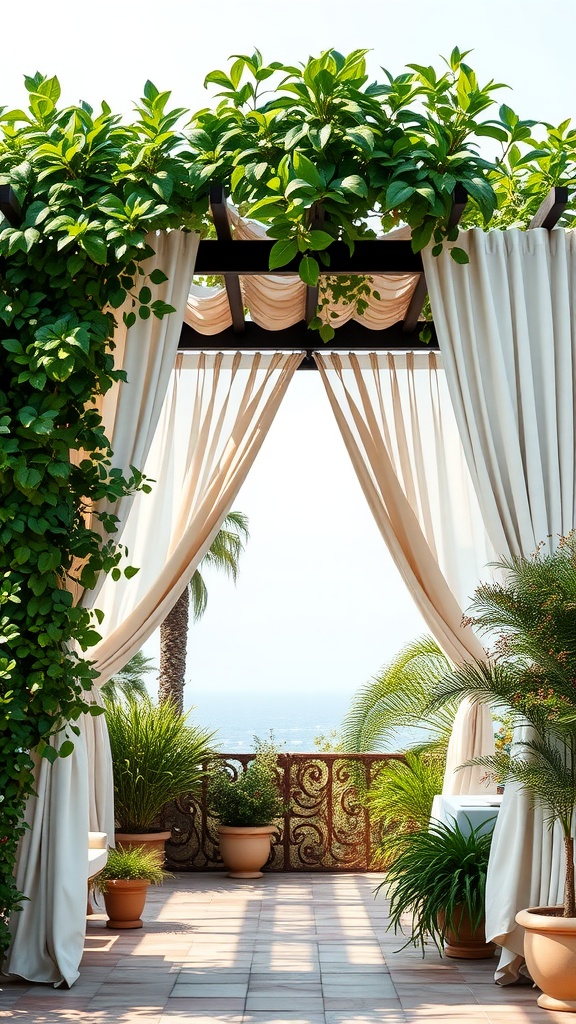 Stylish pergola with drapes, surrounded by greenery and plants.