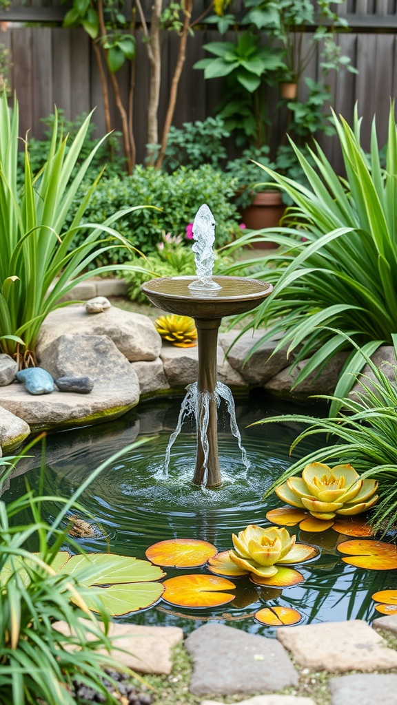 A serene backyard water feature with a fountain and lily pads.